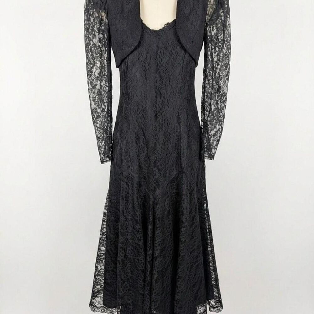 Vintage Gunne Sax Dress Black Lace Midi & Lace Bolero Shrug Romantic Gothic - Picture 2 of 8